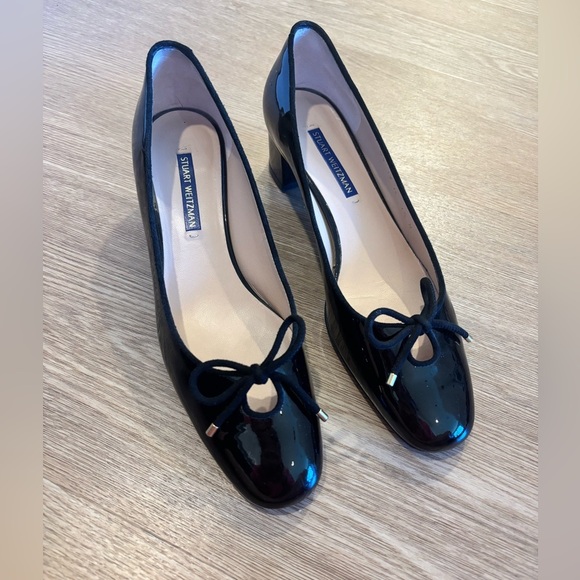 Stuart Weitzman Gabby Black Patent Leather Women's Bow block Heels - Picture 1 of 6